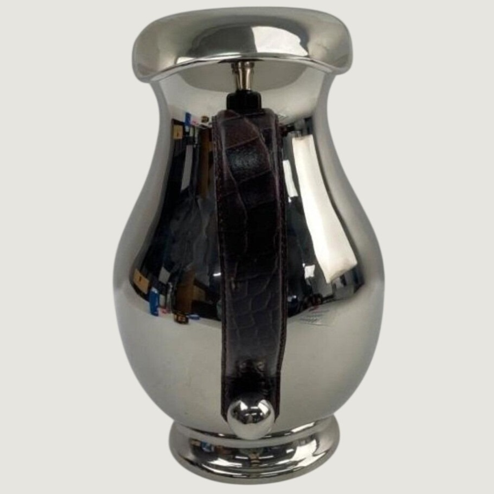 Polished Stainless Steel Pitcher Brown Faux Crocodile Leather Wrapped Handle - Picture 6 of 8